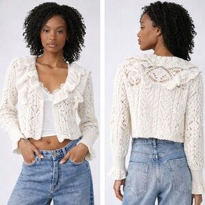 Free People Women’s Large Avery Cardigan Crop White Crochet Boho Festival Beach